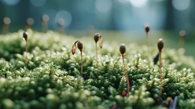 Forest Floor Jewels Dewkissed Moss Sporophytes in a Misty Wood.