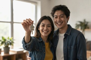 Happy asian couple holding new house key