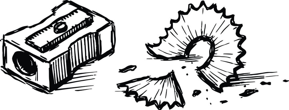Hand drawn vector sketch of a pencil sharpener and curled shavings in black and white ink doodle style