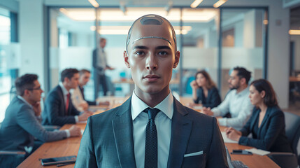 AI robot in a suit leads a business meeting with human colleagues in a modern office