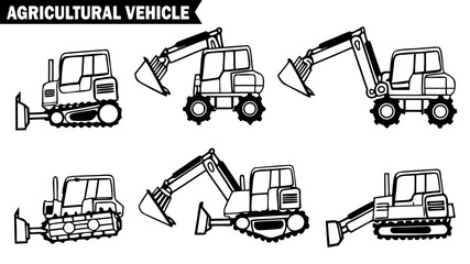 Set of six agricultural excavator vehicle outlines on transparent background heavy machinery used in farming and construction projects.