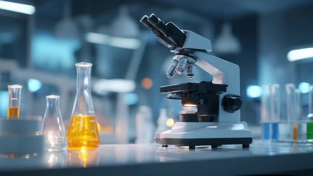 Laboratory microscope with chemical solutions in glassware on blurred background