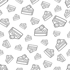 Vector pattern with line illustrations of a slice of handmade strawberry pie on a white background