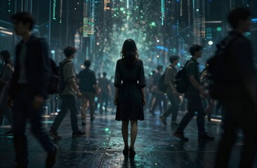 Woman standing alone in futuristic digital crowded city