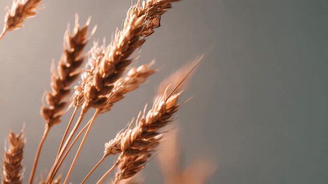 Close-up shot of golden wheat stalks against a muted background, showcasing natural beauty and harvest