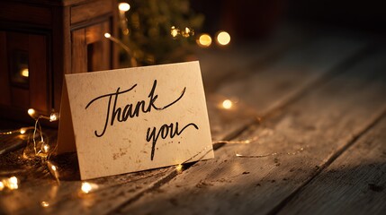 A handwritten "Thank you" card illuminated by warm string lights on a rustic wooden table, conveying gratitude and appreciation.