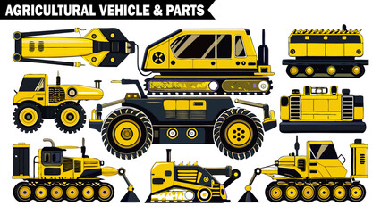 Agricultural vehicle set isolated on transparent background, detailed vector illustration of various farming equipment and heavy machinery.