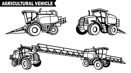 Set of four agricultural combine harvesters and sprayers outline drawings on transparent background, farming machinery vector.