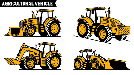Agricultural vehicle set isolated on transparent background, detailed vector illustrations of various farming tractors with loaders and excavators. 