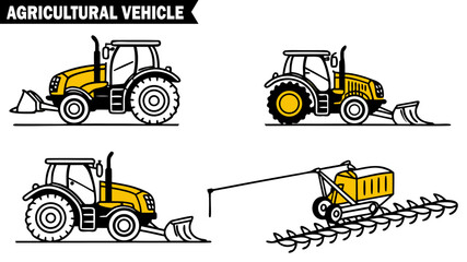 Agricultural vehicle set isolated on transparent background, detailed vector illustrations of various farming tractors and seeders for planting Elements. 