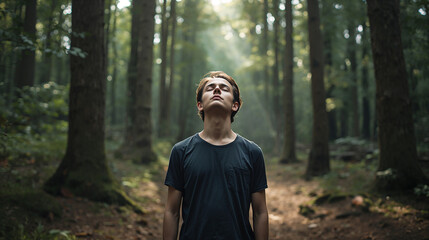 Young man with eyes closed breathing deeply in a sunlit forest