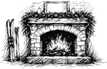 Hand Drawn Fireplace Sketch with Winter Garland Candles and Skis Cozy Holiday Hearth Scene Black and White Ink Illustration