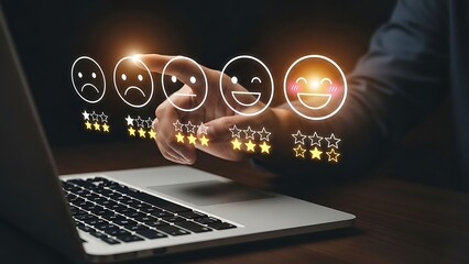 A person interacting with a laptop and rating icons on a digital interface for feedback and evaluation purposes online