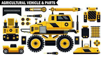 Agricultural vehicles and parts collection, yellow farm machines, various farming transport, heavy equipment for field work vector illustration. 