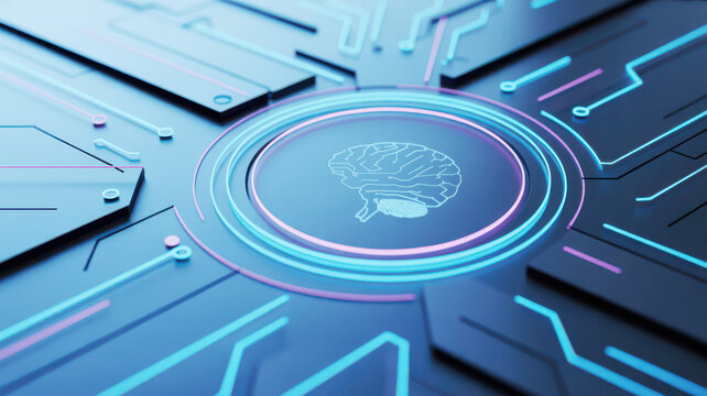 Futuristic circuit board with glowing brain and neon lights technology artificial intelligence - Powered by Adobe