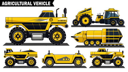 Set of agricultural vehicles, yellow farming machines, various farm transport, heavy equipment for field work and harvest vector illustration. 