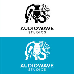 Fototapeta premium Minimalistic music logo with sound waves with headphone and microphone vector illustration.