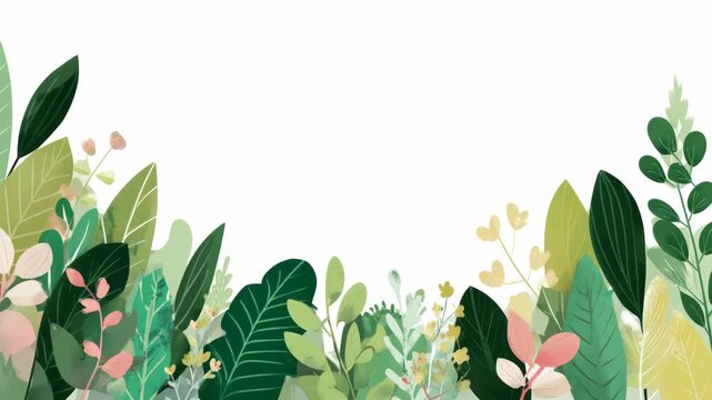 Colorful botanical border with varied leaves and flowers on white background