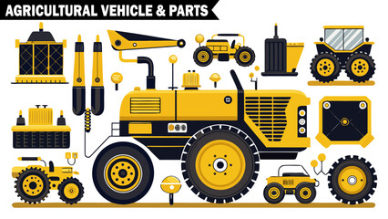 Detailed set of yellow agricultural vehicles and various parts showcasing farm machinery components and equipment on transparent background.