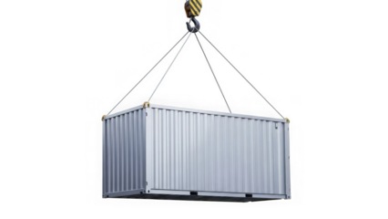Gray shipping container being lifted by crane isolated on transparent background