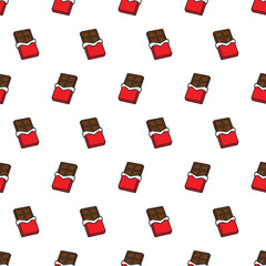 Vector seamless pattern with chocolate bar in red wrapper on white background