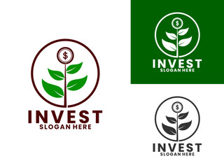 Plant with coins and circle logo design vector template, Healthy Investment logo icon design vector.