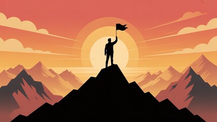 Silhouette of a triumphant person holding a flag on a mountain peak at sunset, symbolizing achievement and success.
