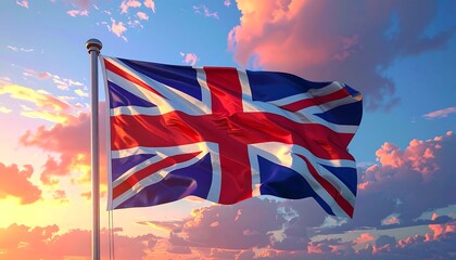 Patriotic image of a flag waving against a colorful sunset sky