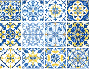 A collection of twelve decorative tiles in shades of blue and yellow, featuring intricate floral and geometric patterns on a white background