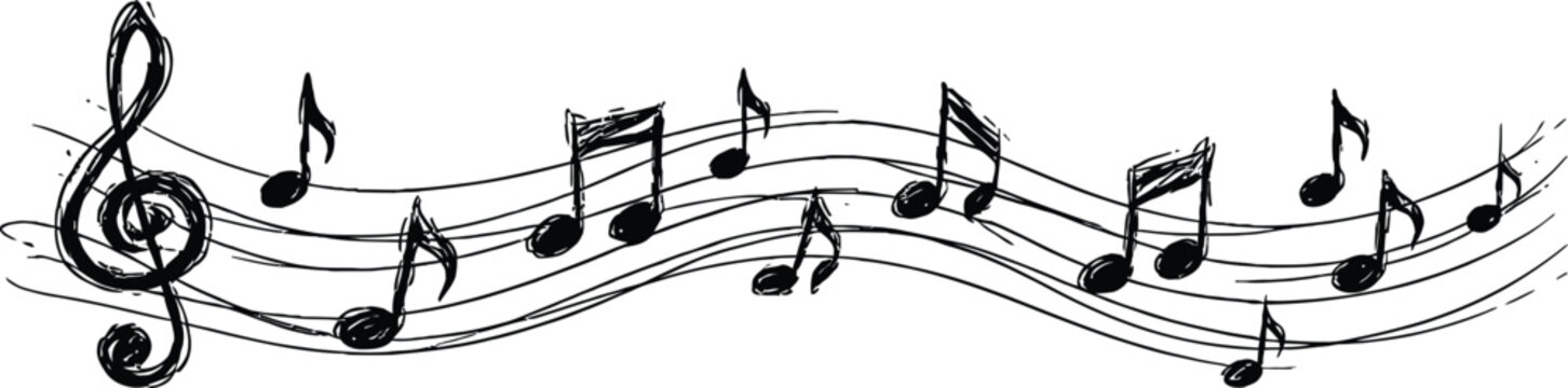 Hand drawn musical staff with notes and treble clef sketch vector background design element