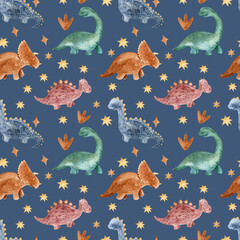 Seamless pattern with cartoon dinosaurs on a blue background. Drawn colored dinosaurs for children's room and textiles. Children's illustration