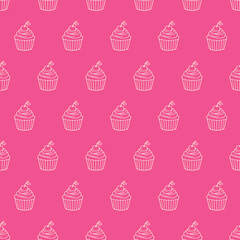 Cute vector seamless pattern with white linear cupcakes on a pink background for printing