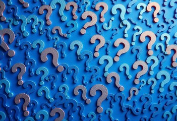 Intricate background of overlapping question marks on various shades of blue, enigma, wallpaper