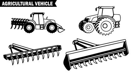 Set of agricultural vehicles black and white silhouette tractor and plough vector illustrations farming machinery equipment isolated.