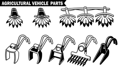 Set of various agricultural vehicle parts black and white vector illustrations farming machinery components isolated on background.