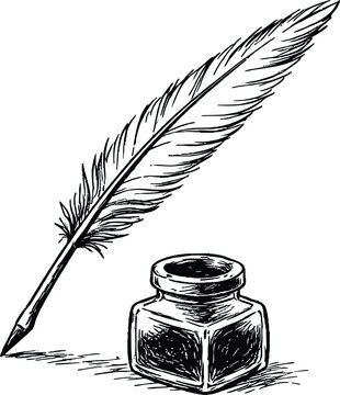 Vintage Inkwell and Feather Quill Pen Engraving Style Black and White Drawing