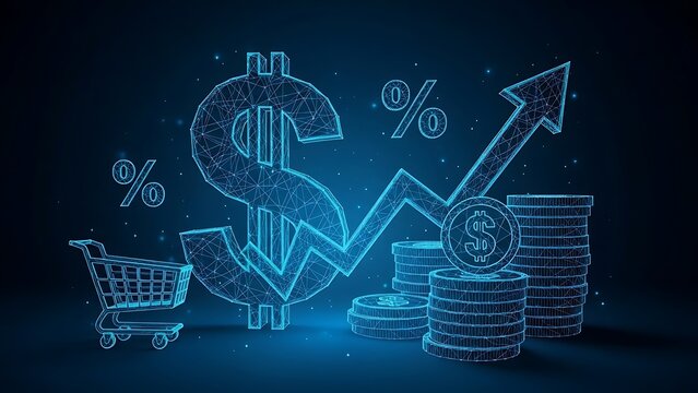 Business finance and ecommerce concept with glowing blue dollar sign, chart, and shopping cart on dark background with percentage symbols - Powered by Adobe