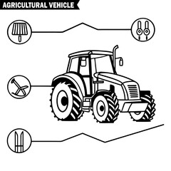 Agricultural vehicle black and white outline tractor with associated farm tools icons vector illustration isolated on background.