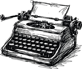Vintage Typewriter Hand Drawn Sketch Illustration Black and White