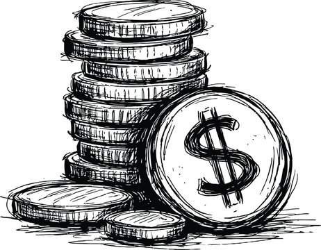 Sketch drawing of a tall stack of dollar coins and money symbol for finance concept vector illustration