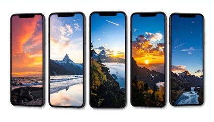 Five smartphones displaying beautiful landscape wallpapers against a white background.