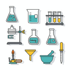 Obraz premium Science Lab Equipment Icons: Flasks, Beakers, Burner, Pipette, Mortar, Funnel