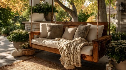 Comfortable wooden porch swing suspended by ropes adorned with beige knit blankets and pillows in a sun dappled inviting porch setting.