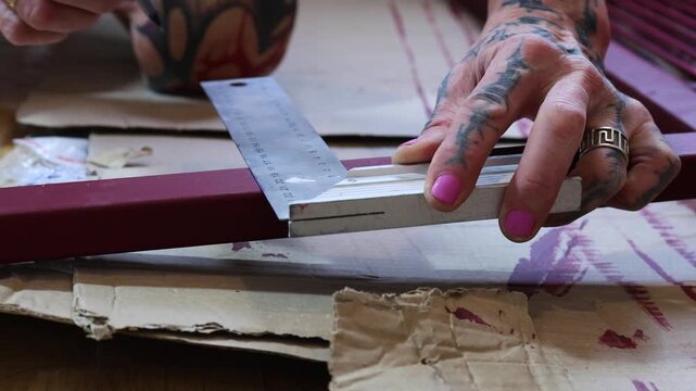 Detailed shot of tattooed hands with pink nail polish using a pencil and a metal try square ruler to mark a cutting line on a red wooden beam for a DIY project.