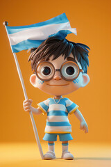 Cute 3D Character of a Little Boy Soccer Fan Holding Argentinian National Flag for World Cup 2026 and Sporting Events
