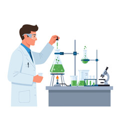 Scientist conducting experiment with green liquid in laboratory glassware, close-up