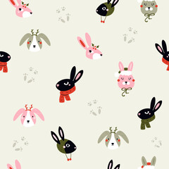 Christmas Rabbit Seamless Pattern. Cute Cartoon Bunnies