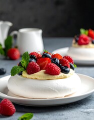 Pavlova dessert topped with mixed berries and mint leaves