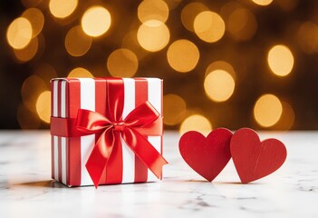 Festive red and white gift box with hearts on marble background
