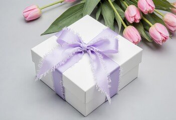 Elegant gift box with lavender ribbon and pink tulips on light background